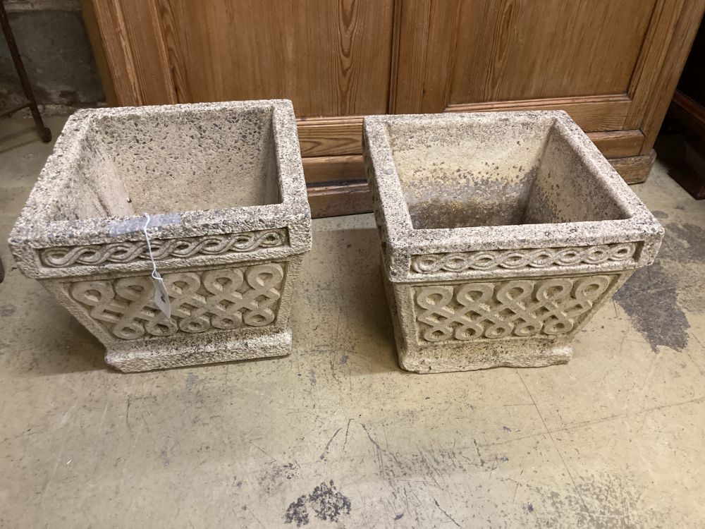 A pair of reconstituted stone square planters, by The Cotswold Studio Ltd, 30 x 30cm height 25cm